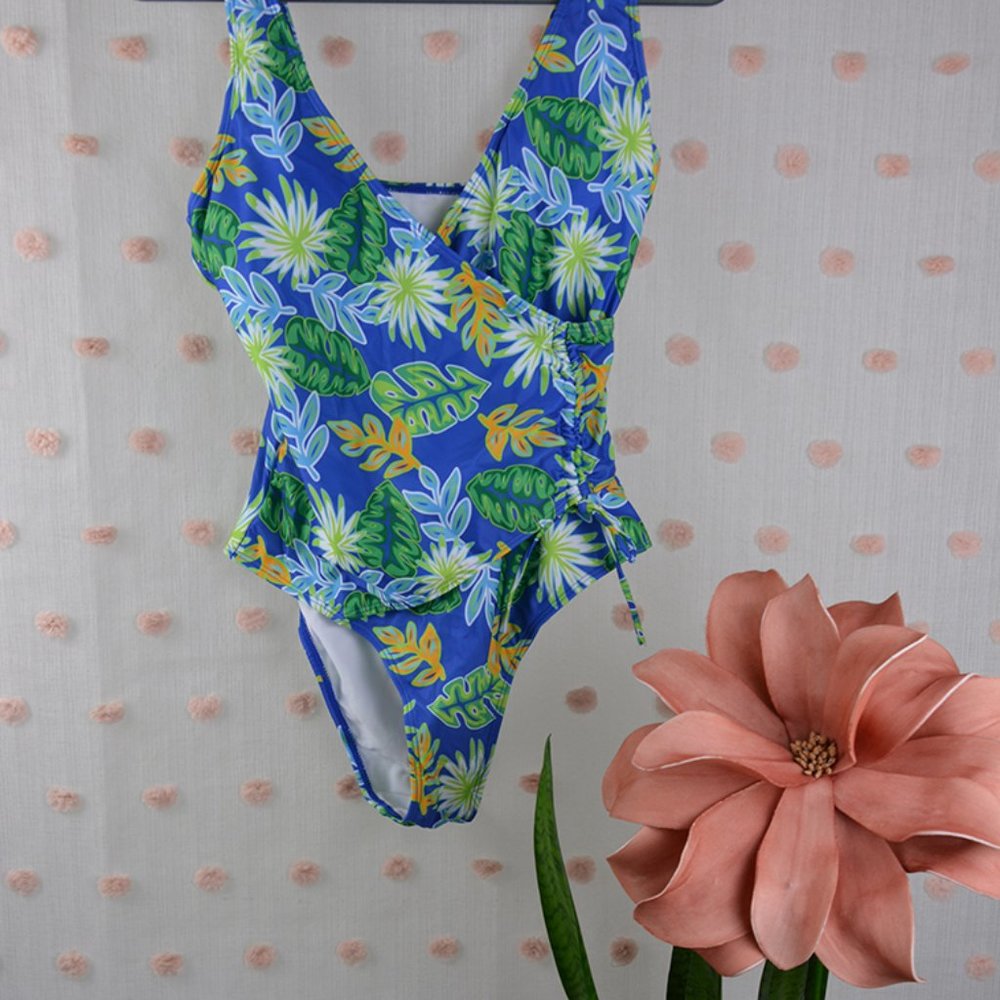 Swimsuit, one piece, size M, tropical flowers, blue-green-orange